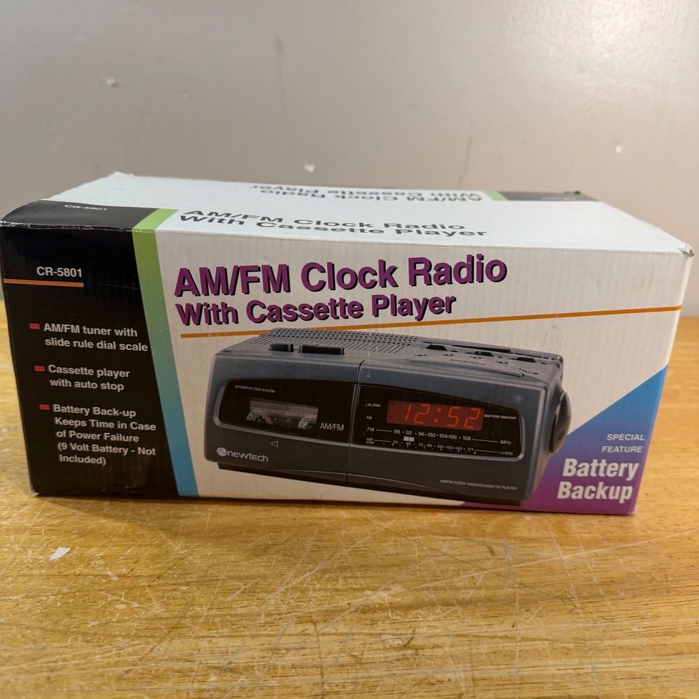 Newtech CR-5801 AM/FM Clock Radio Cassette Player Black Vtg NIB Battery Backup